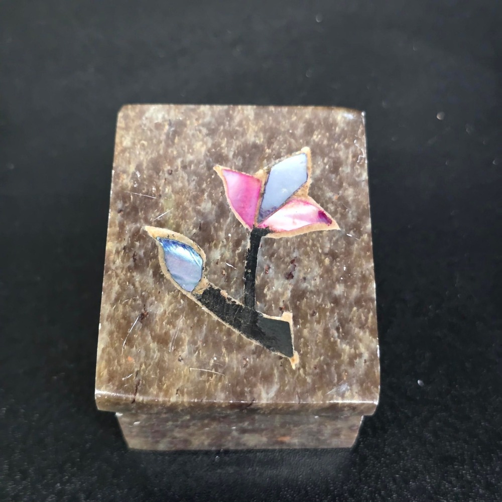 Handcrafted Trinket Box Small Brown Stone Shell Floral Inlay Jewelry Case